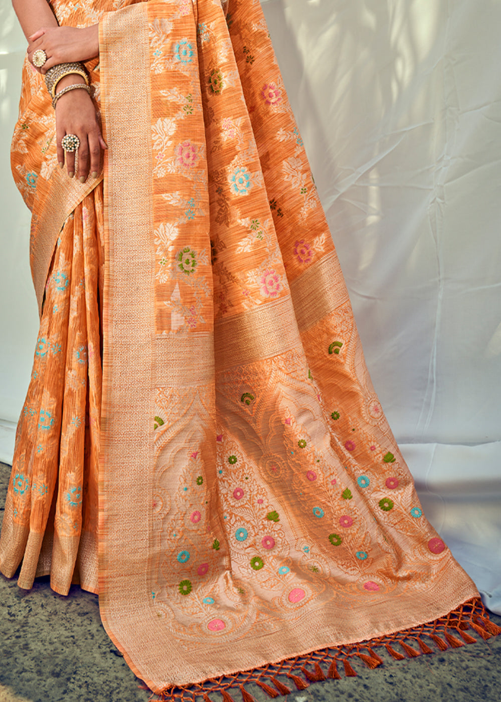 Porsche Orange Zari Woven Banarasi Linen Saree