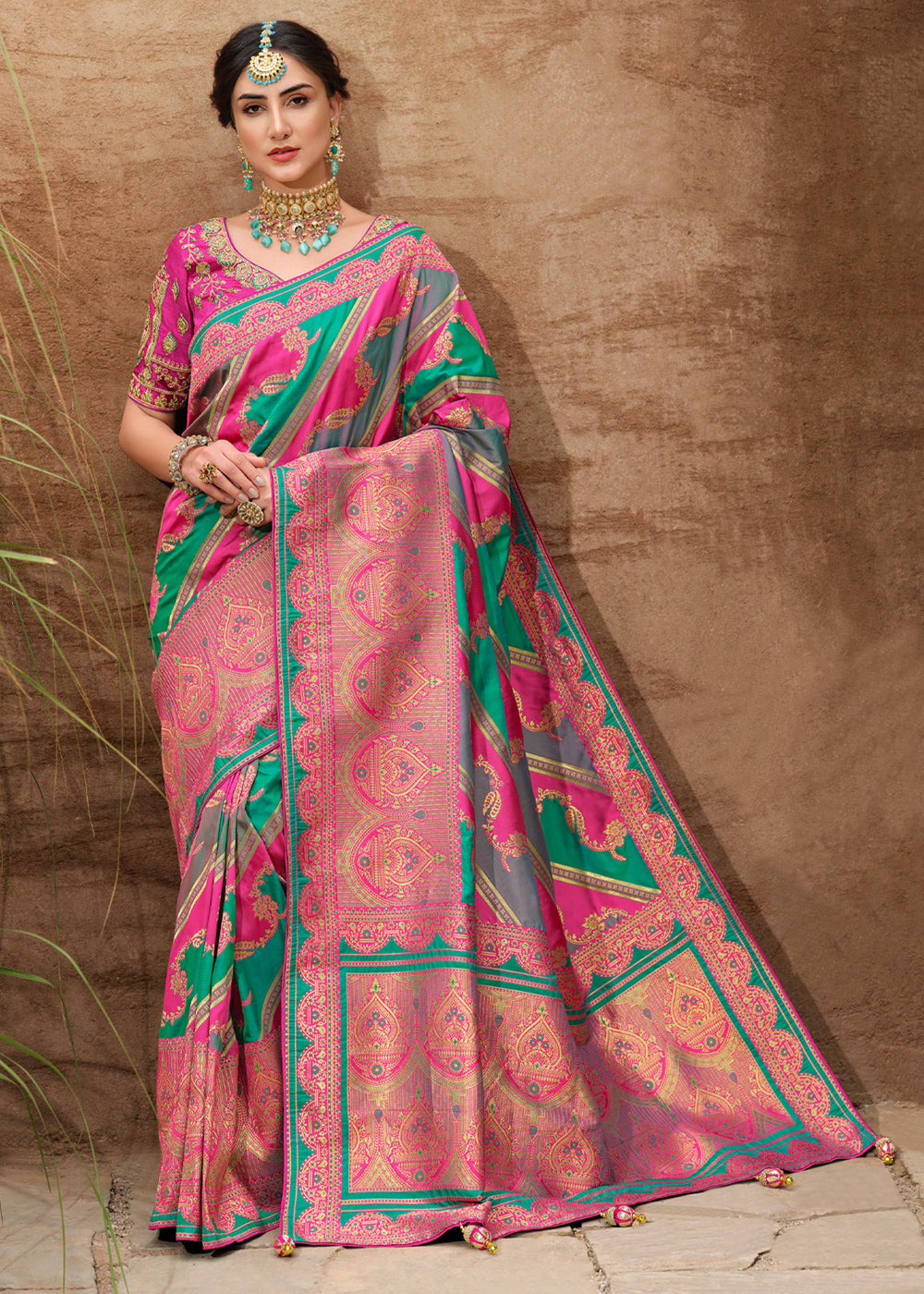 Mandy Pink and Green Woven Designer Banarasi Silk Saree