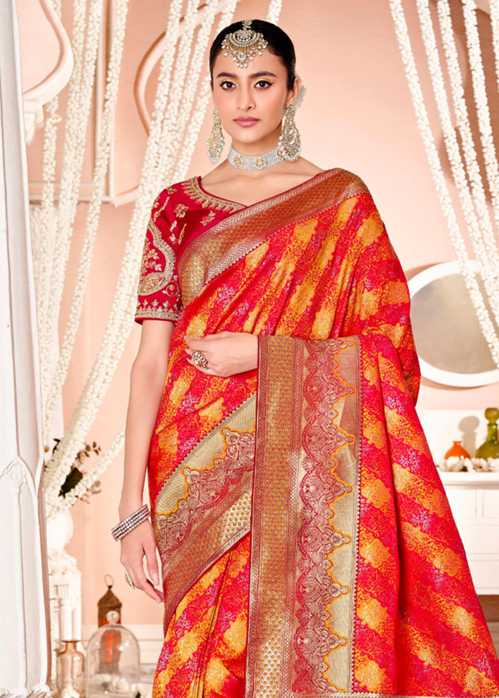 Salmon Red Zari Woven Banarasi Saree with Designer Blouse