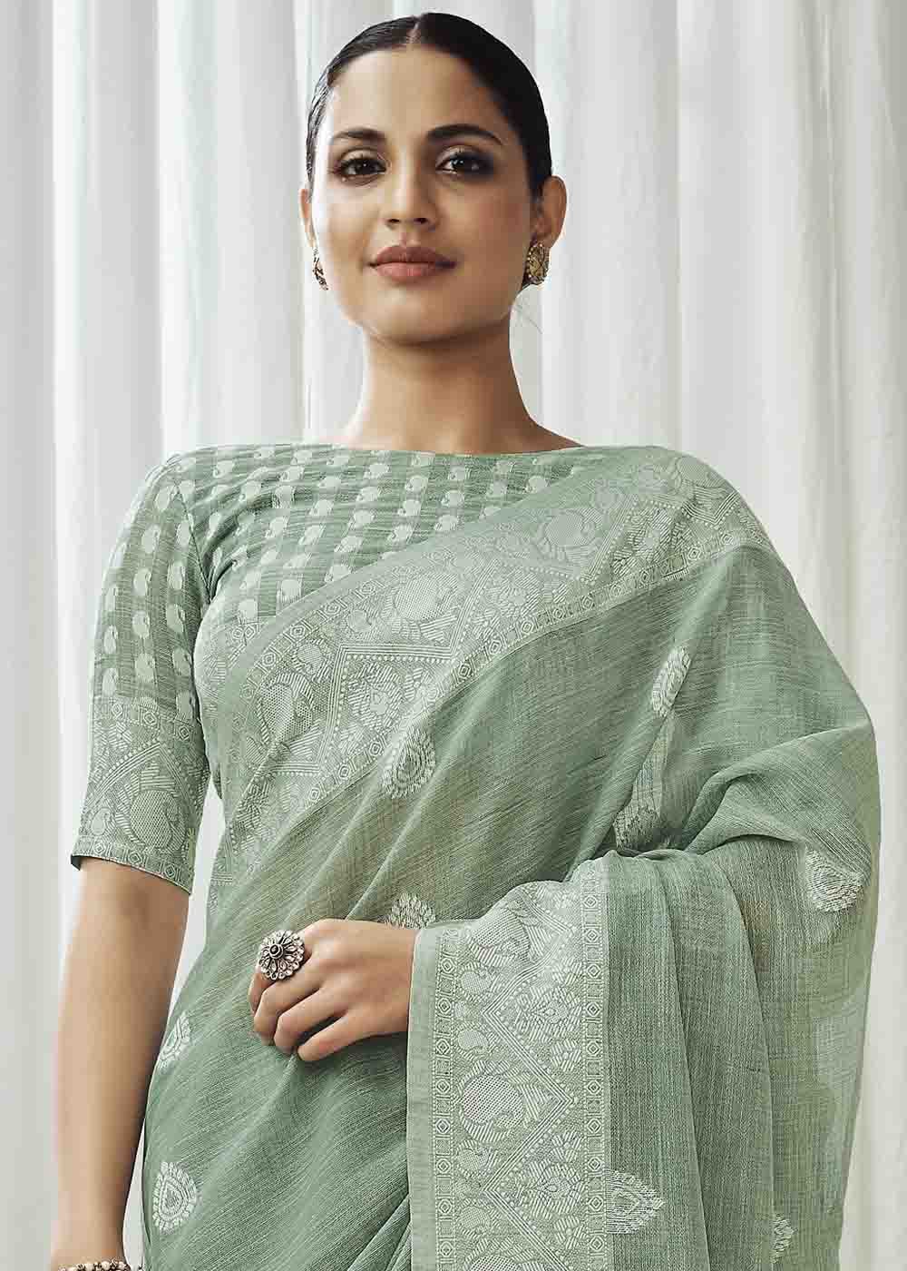 Spanish Green Chikankari Linen Saree