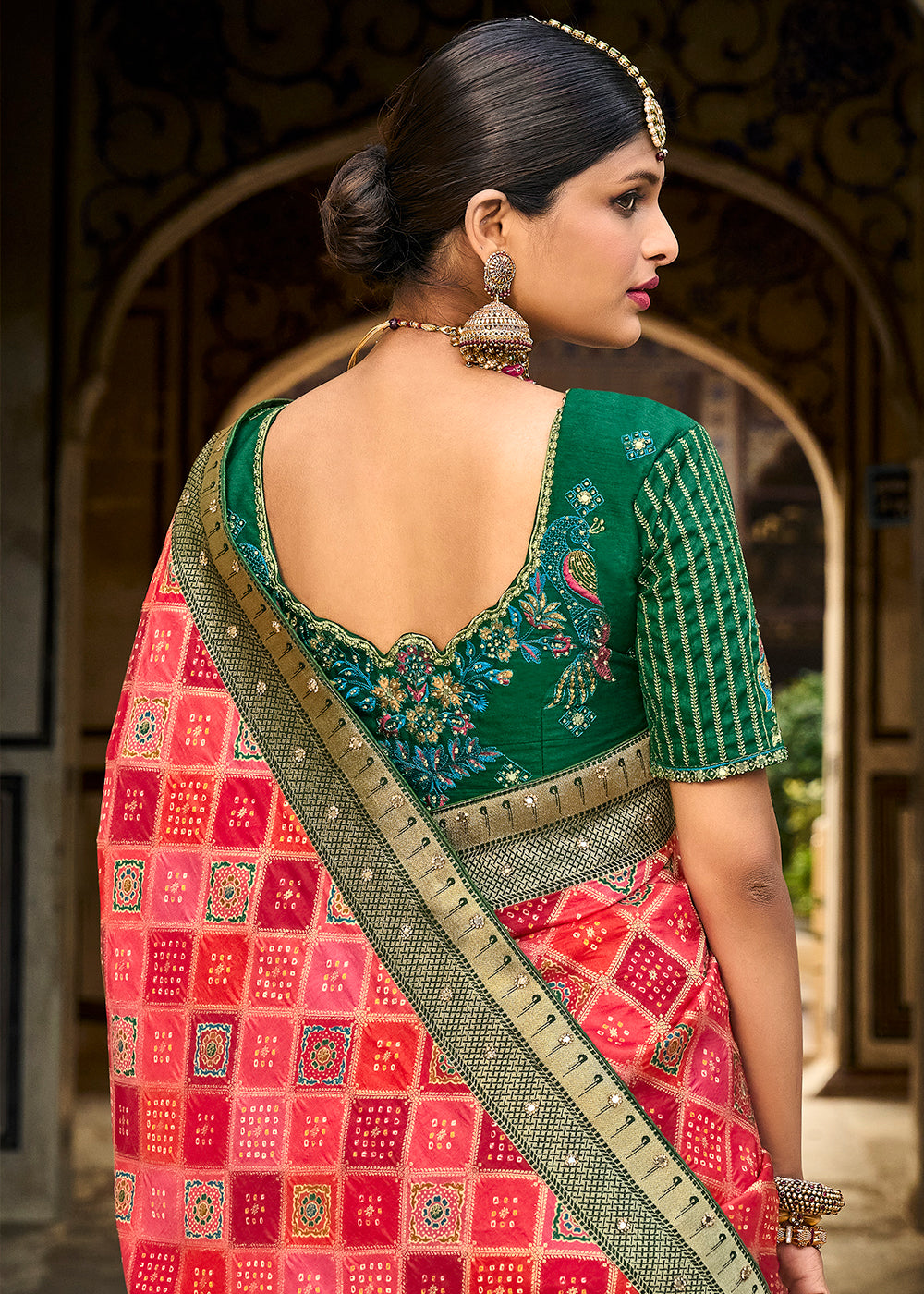 Mandy Red and Green Patola Printed Dola Silk Saree With Embroidered Blouse