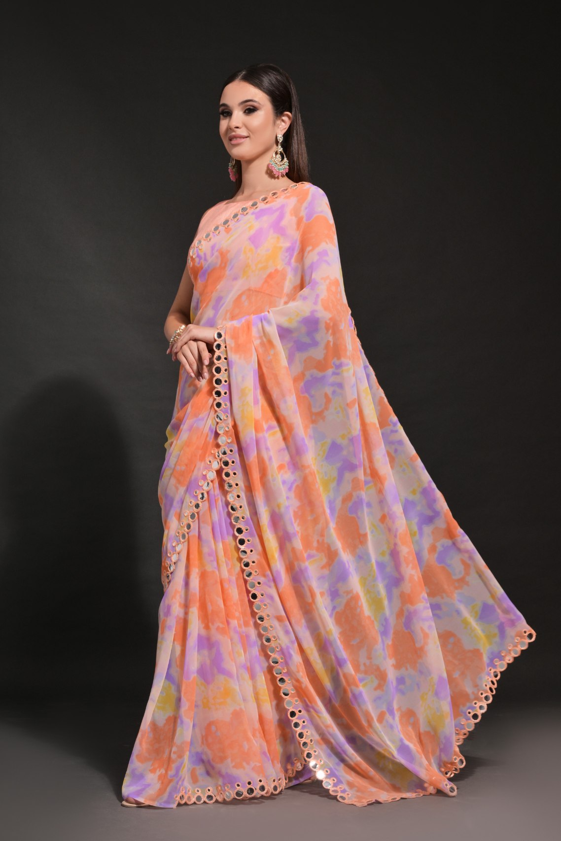 Apricot Orange Printed Georgette Saree