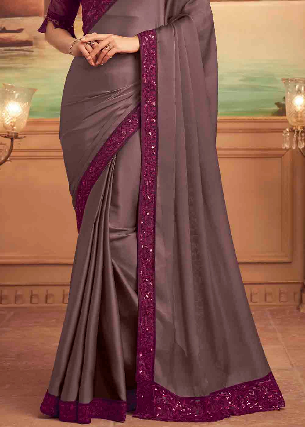 Ferra Grey Purple Embroidered Satin Silk Designer Saree