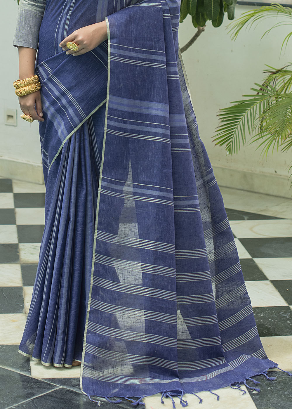 San Juan Blue Zari Woven Striped Linen Saree