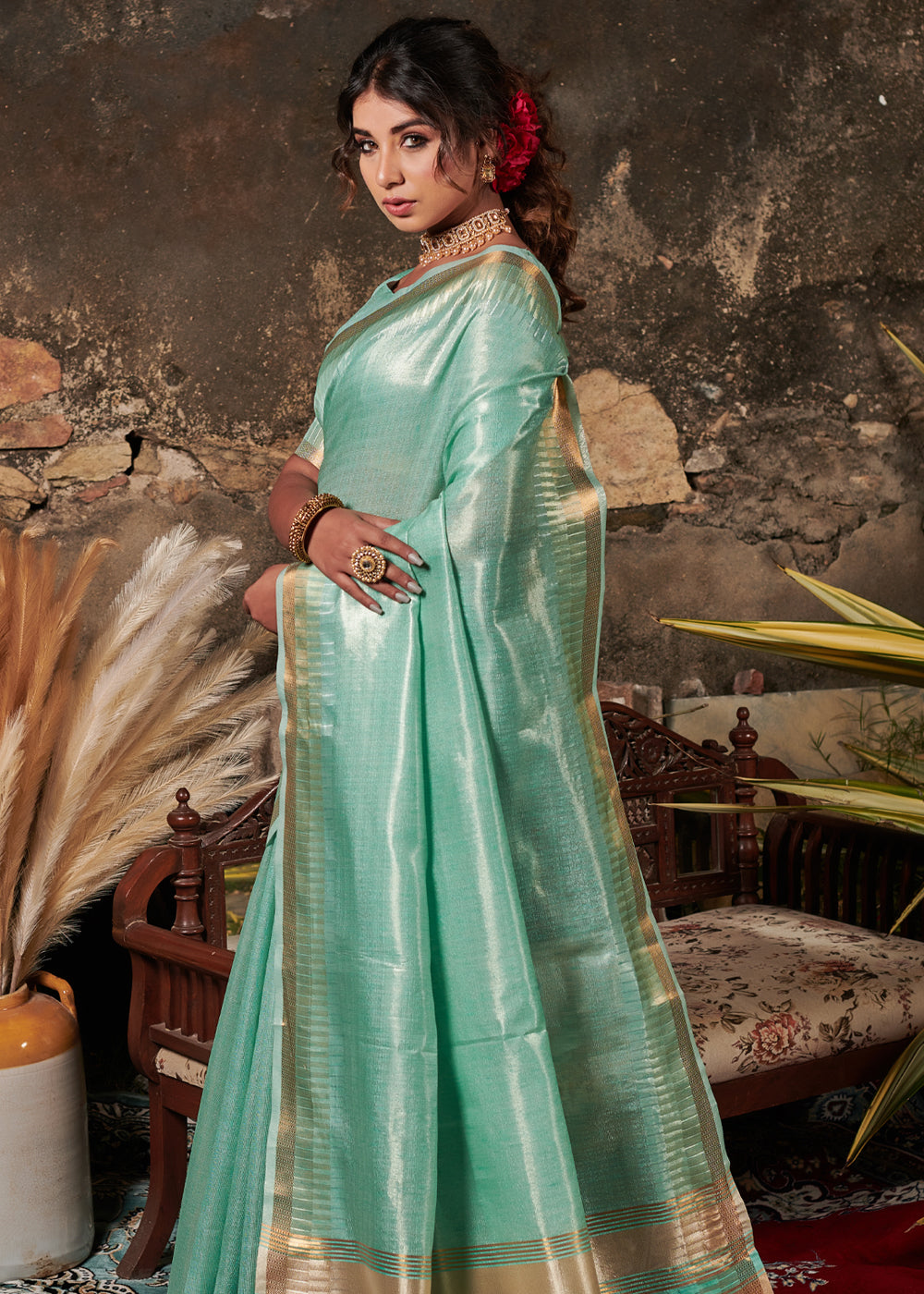 Acapulco Green Woven Tussar Silk Saree