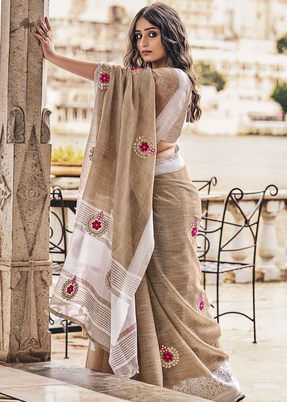 Khaki Light Brown Zari Woven Soft Linen Silk Saree