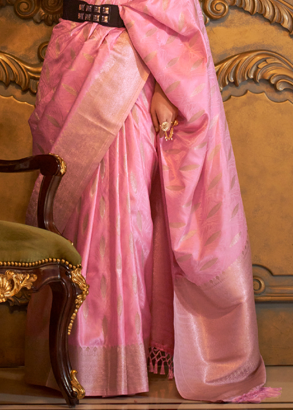 Salmon Pink Banarasi Satin Silk Saree