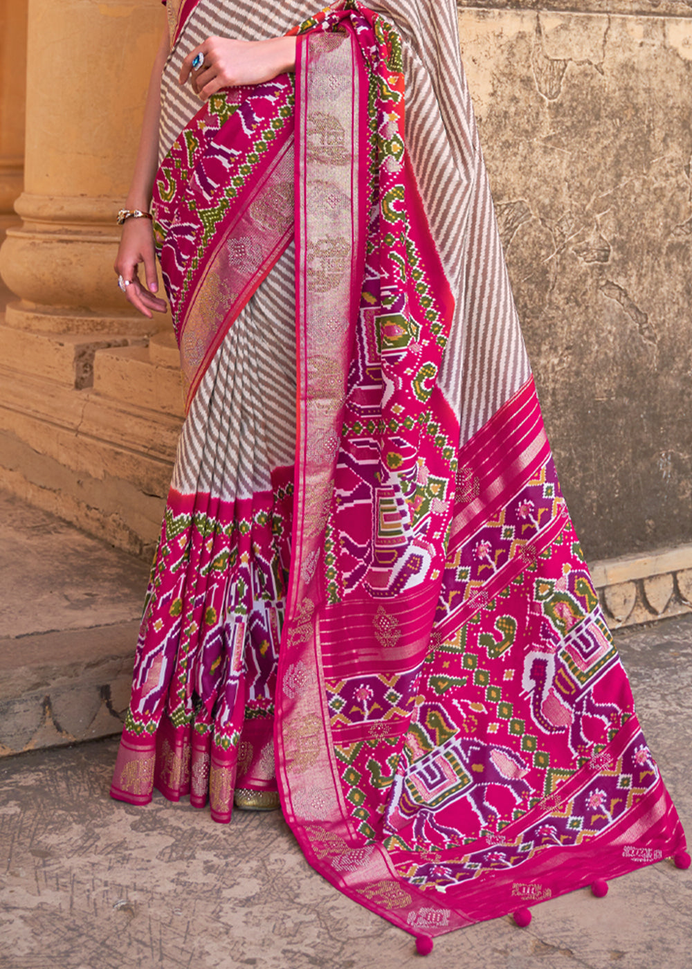 Night White and Dark Pink Zari Woven Patola Saree