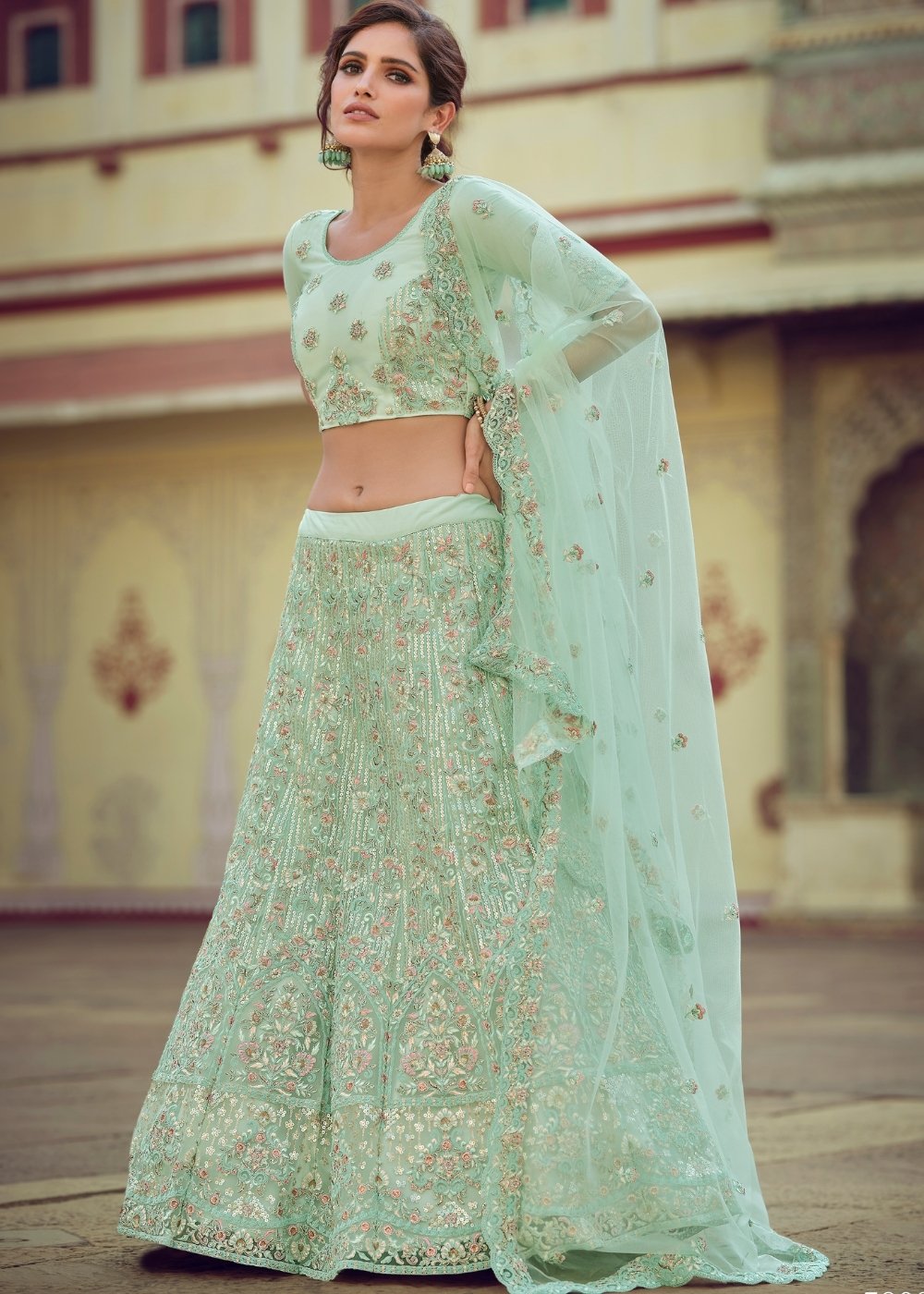 Norway Green Soft Net Designer Lehenga Choli