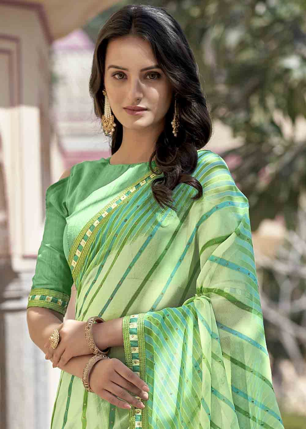 Moss Green Printed Georgette Saree