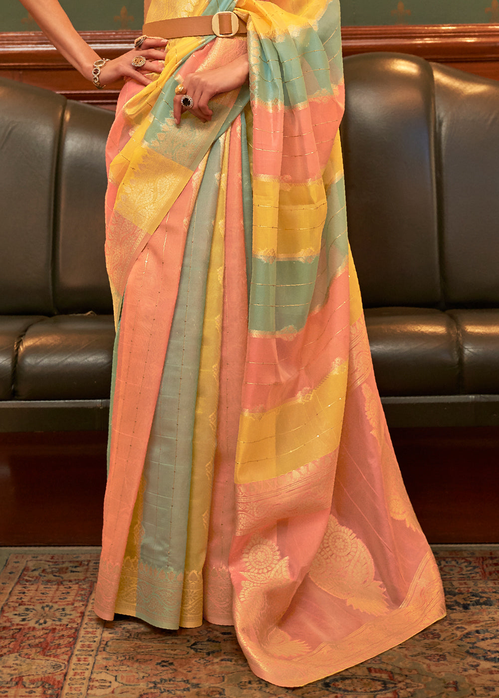 Saffron Mango Yellow and Peach Zari Woven Banarasi Organza Saree