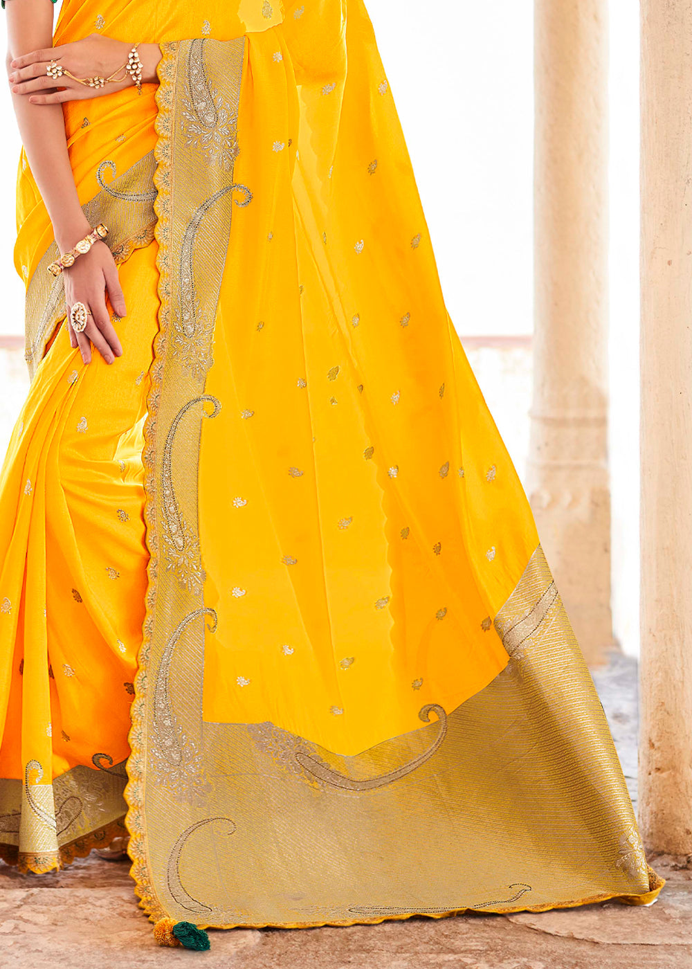 Paris Yellow and Green Zari Woven Designer Banarasi Saree