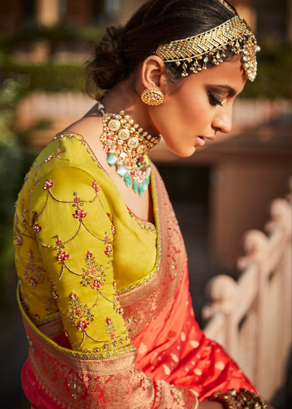 Punch Red and Yellow Zari Woven Banarasi Silk Saree with Embroidered Blouse