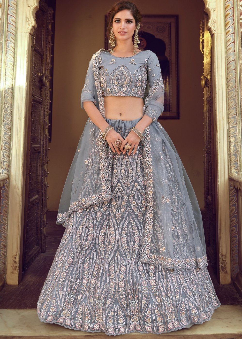 Martini Grey Soft Net Designer Lehenga Choli