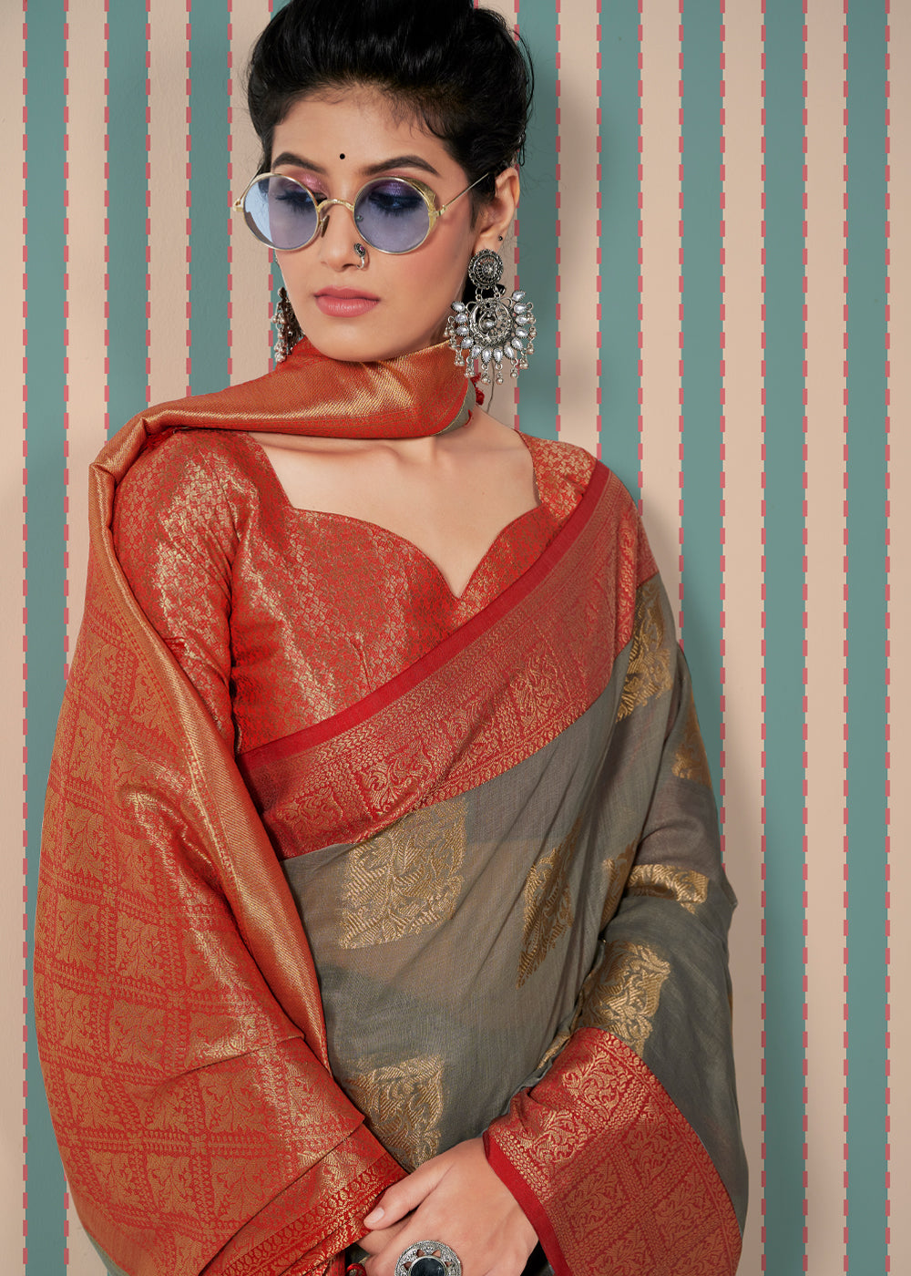 Stonewall Grey Zari Woven Banarasi Brocade Linen Saree