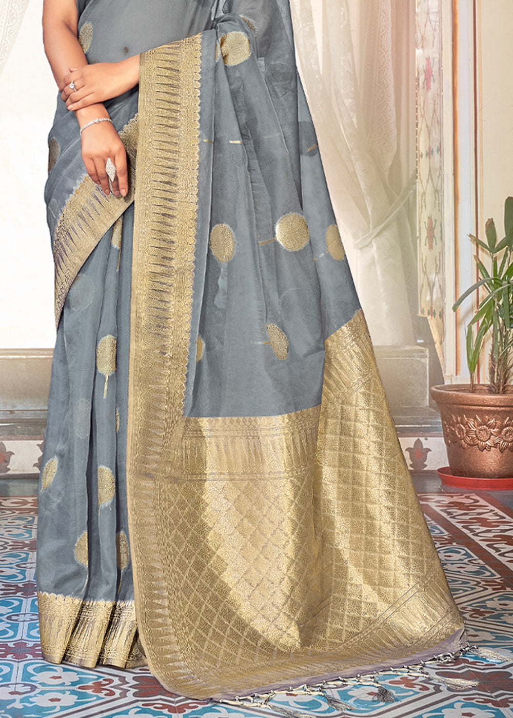 Silver Sand Grey Zari Woven Banarasi Organza Saree