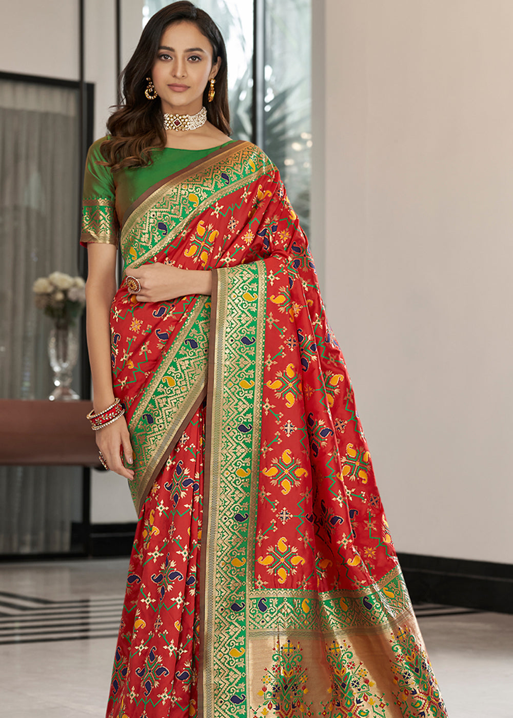 Jasper Red and Green Zari Woven Banarasi Patola Saree