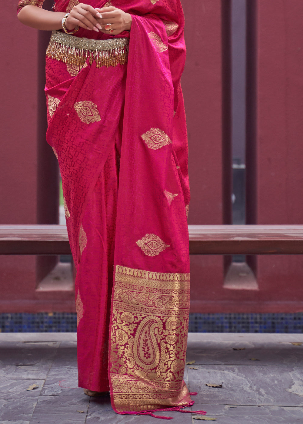 Maroon Flush Pink Banarasi Woven Satin Silk Saree