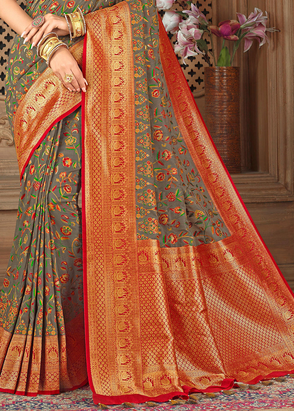 Shadow Grey and Red Zari Woven Banarasi Saree