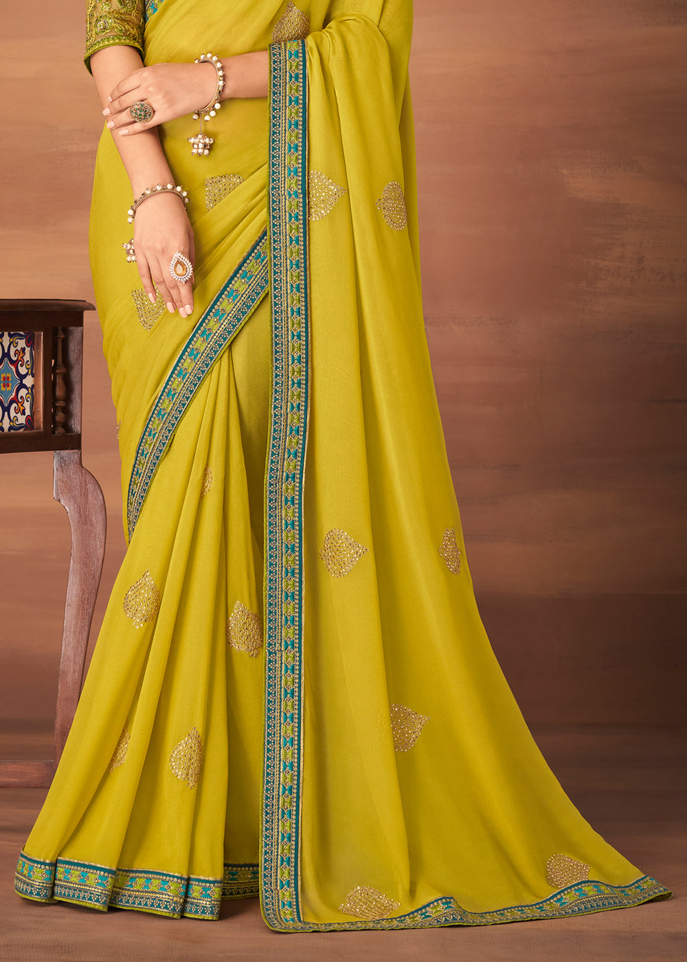 Grass Yellow Designer Saree with Embroidered Blouse