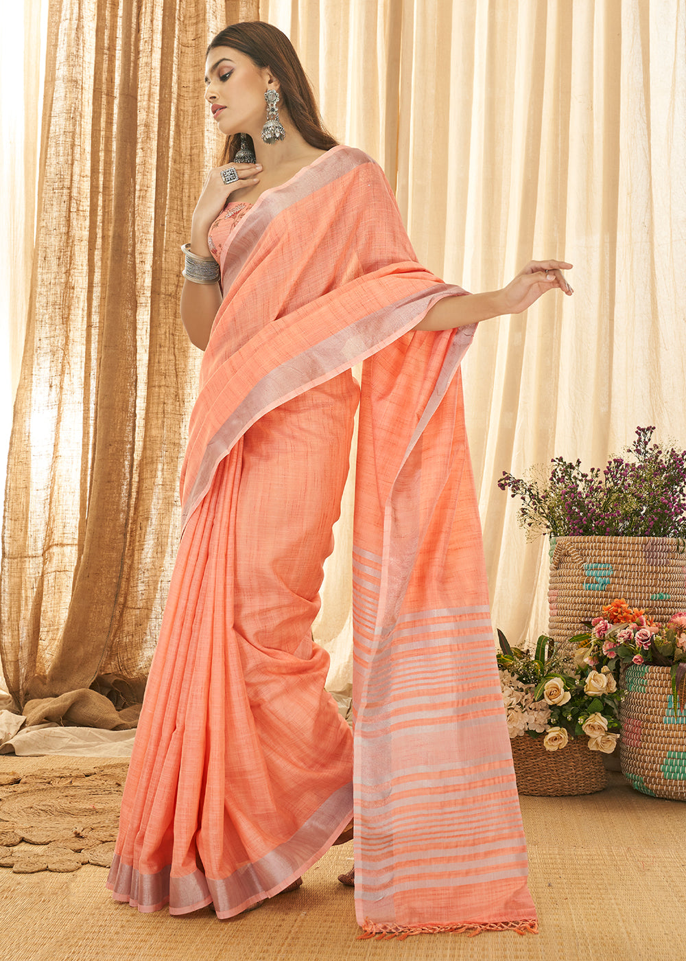 Hit Pink Zari Woven Linen Saree