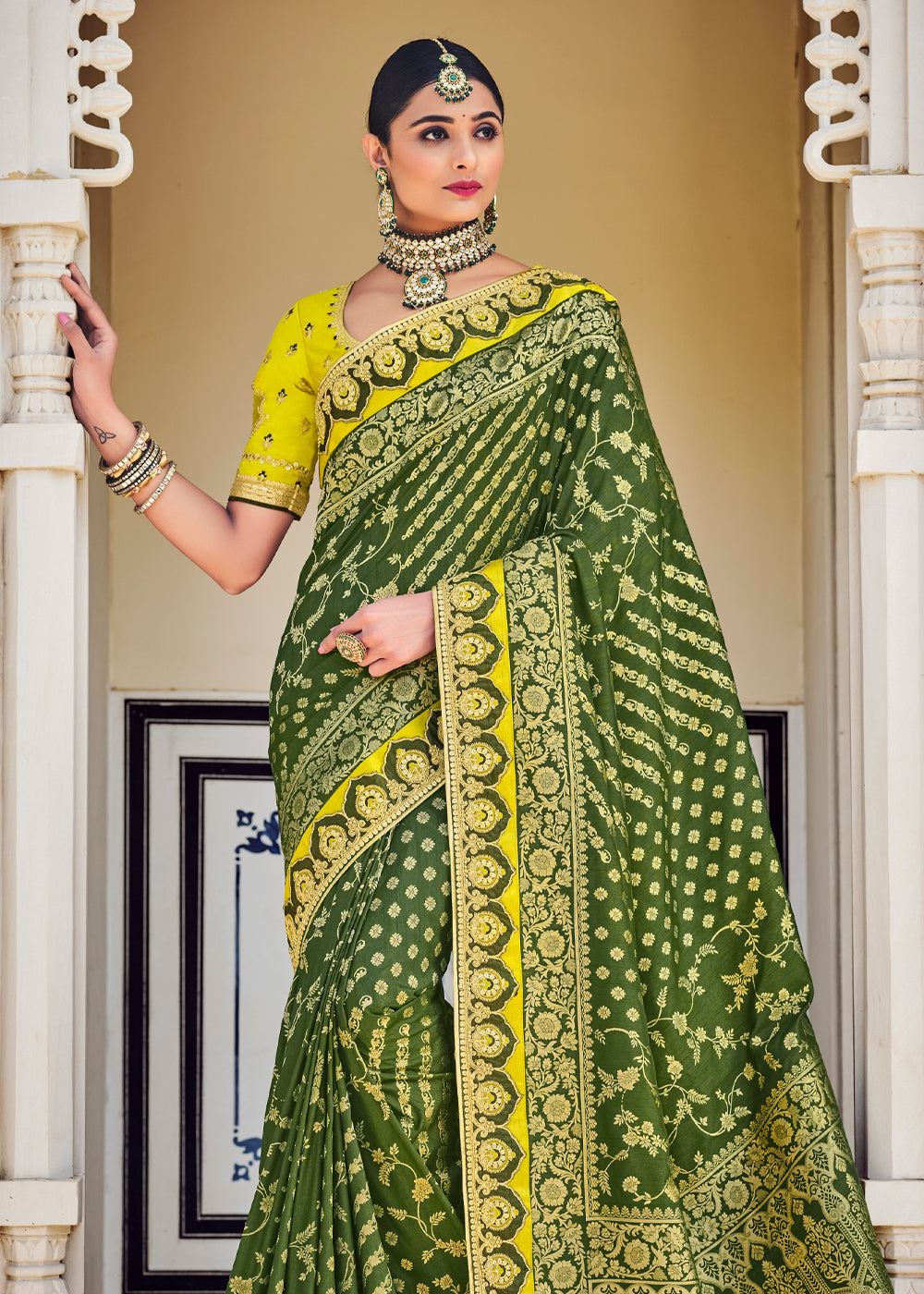 Asparagus Green Zari Woven Designer Banarasi Saree