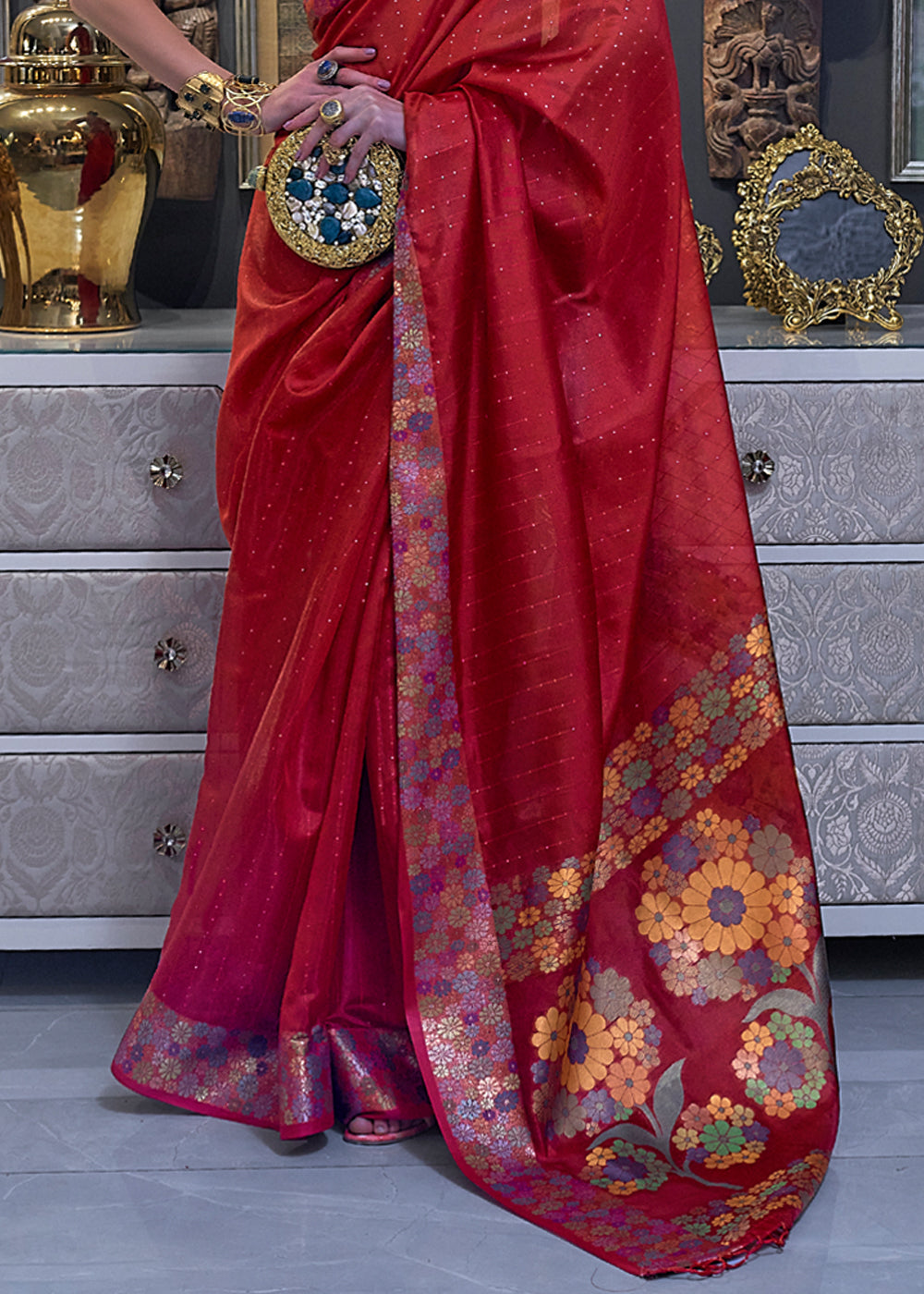 Rosewood Red Woven Dual Tone Organza Banarasi Silk Saree