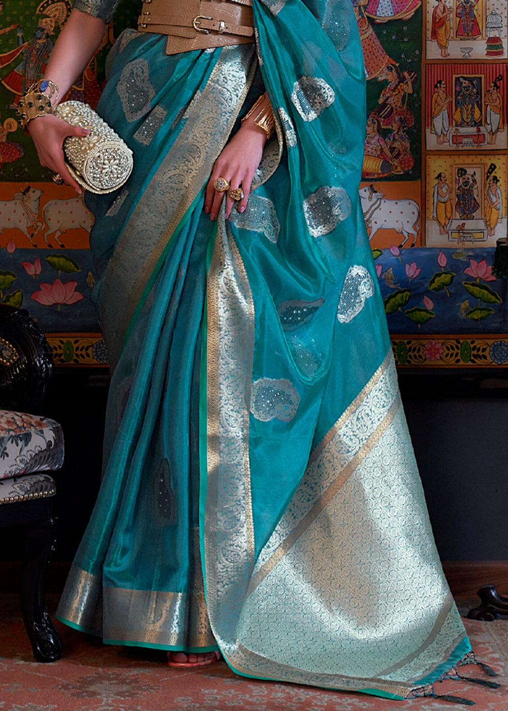 Metallic Seaweed Blue Woven Banarasi Organza Silk Saree