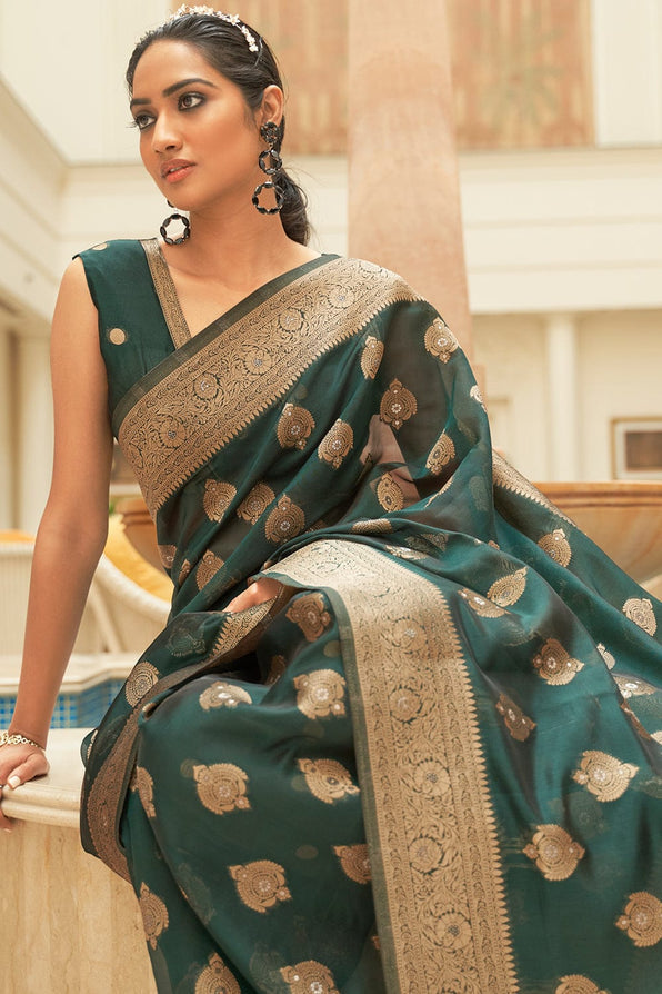 Mineral Green Zari Woven Organza Silk Saree