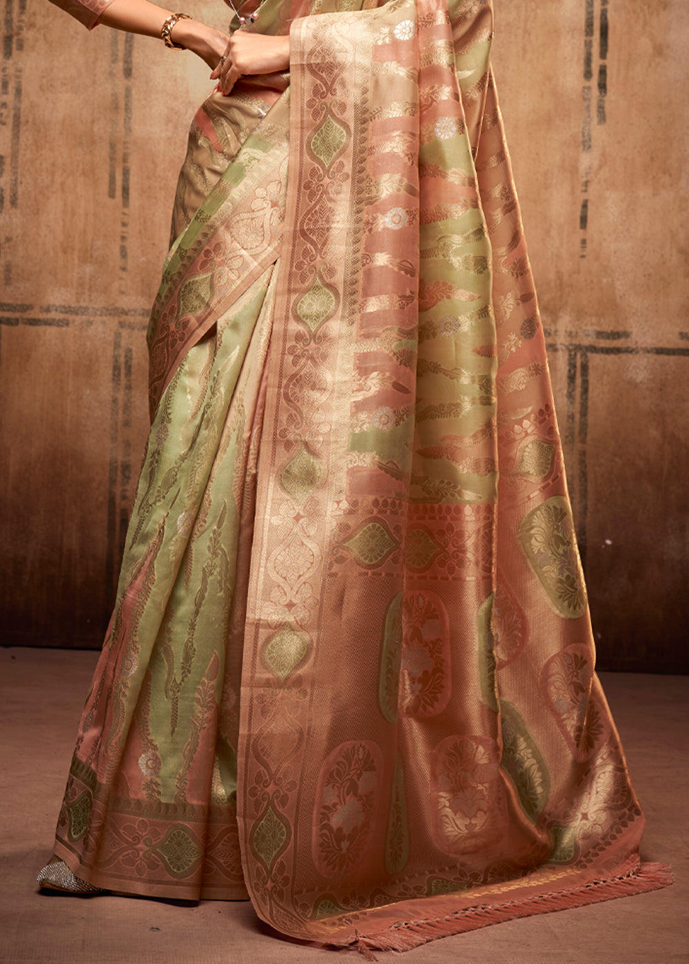 Barley Green and Peach Zari Woven Banarasi Organza Saree