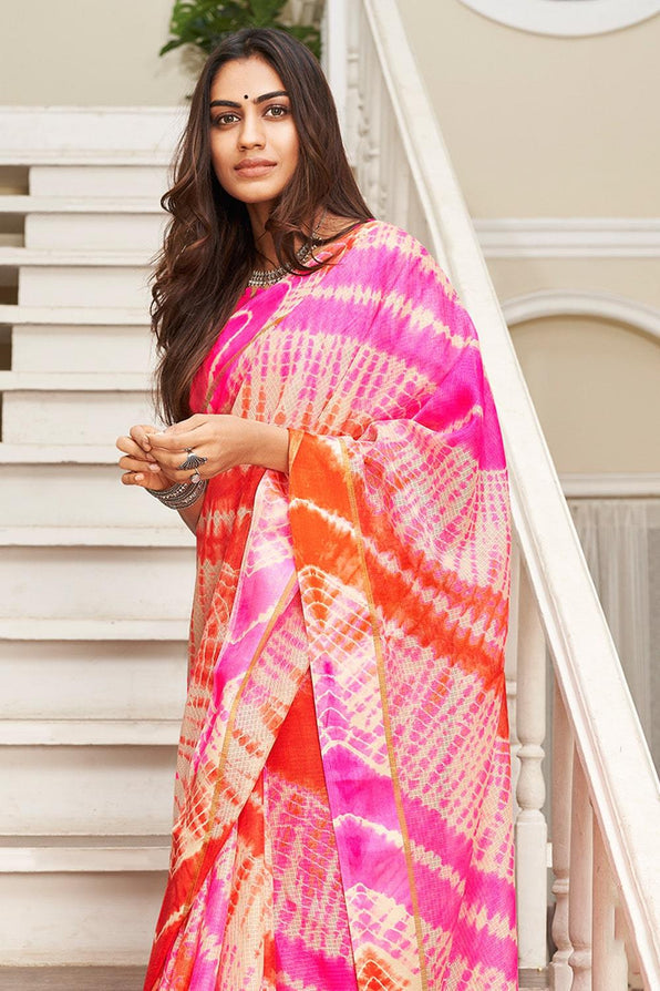 Princess Perfume Pink Cotton Saree with Leheriya Print