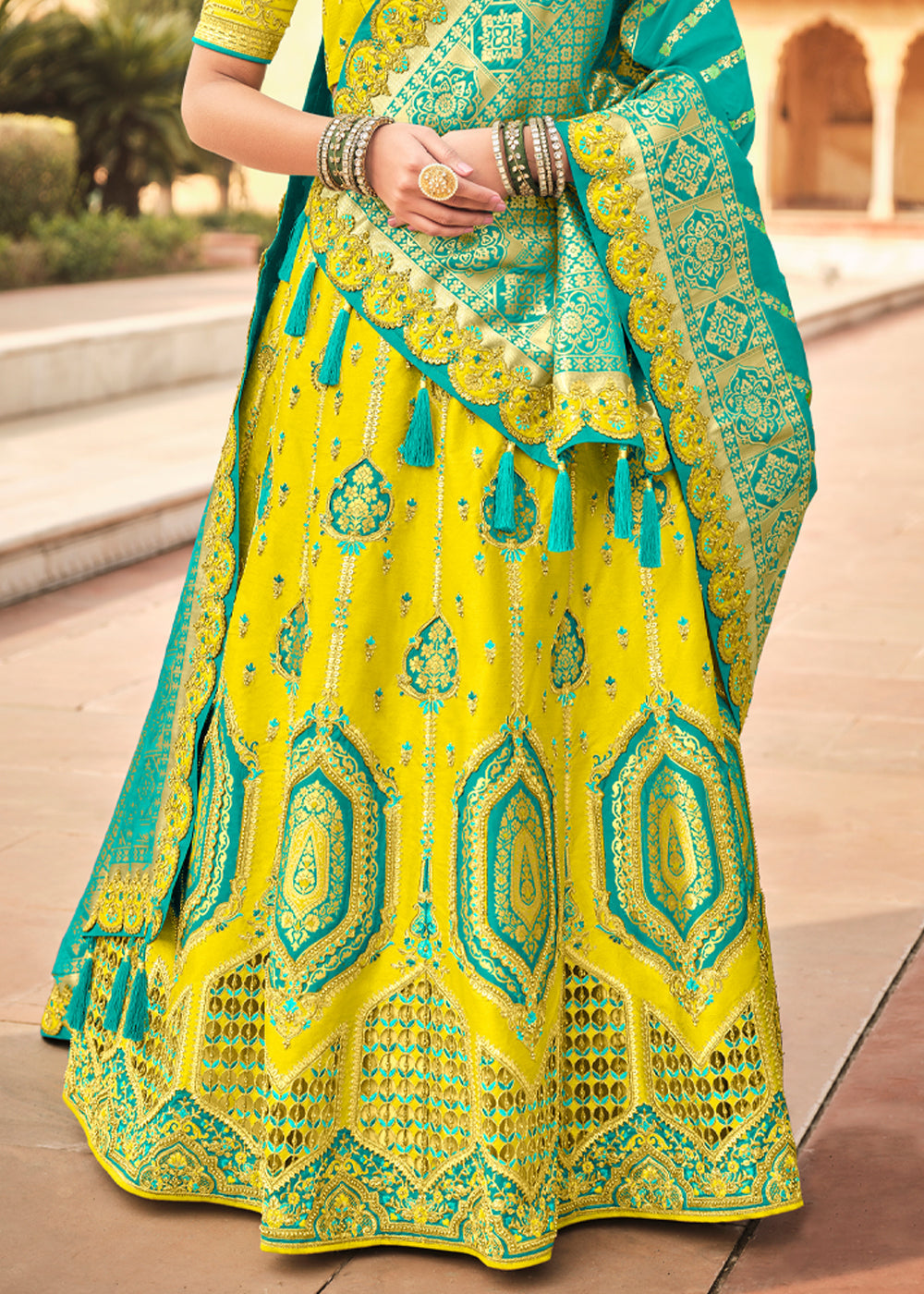 Lemon Yellow and Blue Heavy Designer Embroidered Lehenga