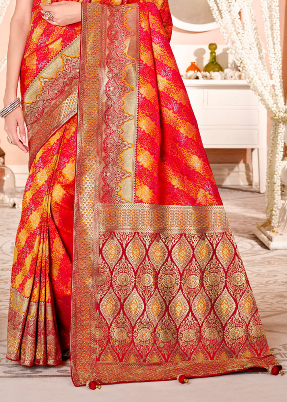 Salmon Red Zari Woven Banarasi Saree with Designer Blouse