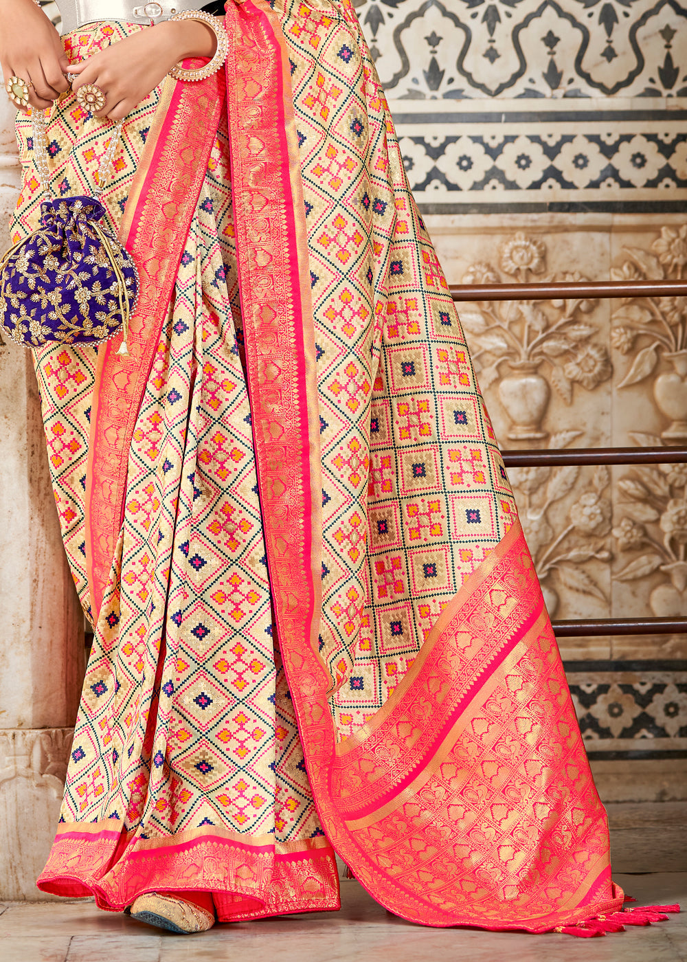 Dairy Cream and Red Zari Woven Patola Saree