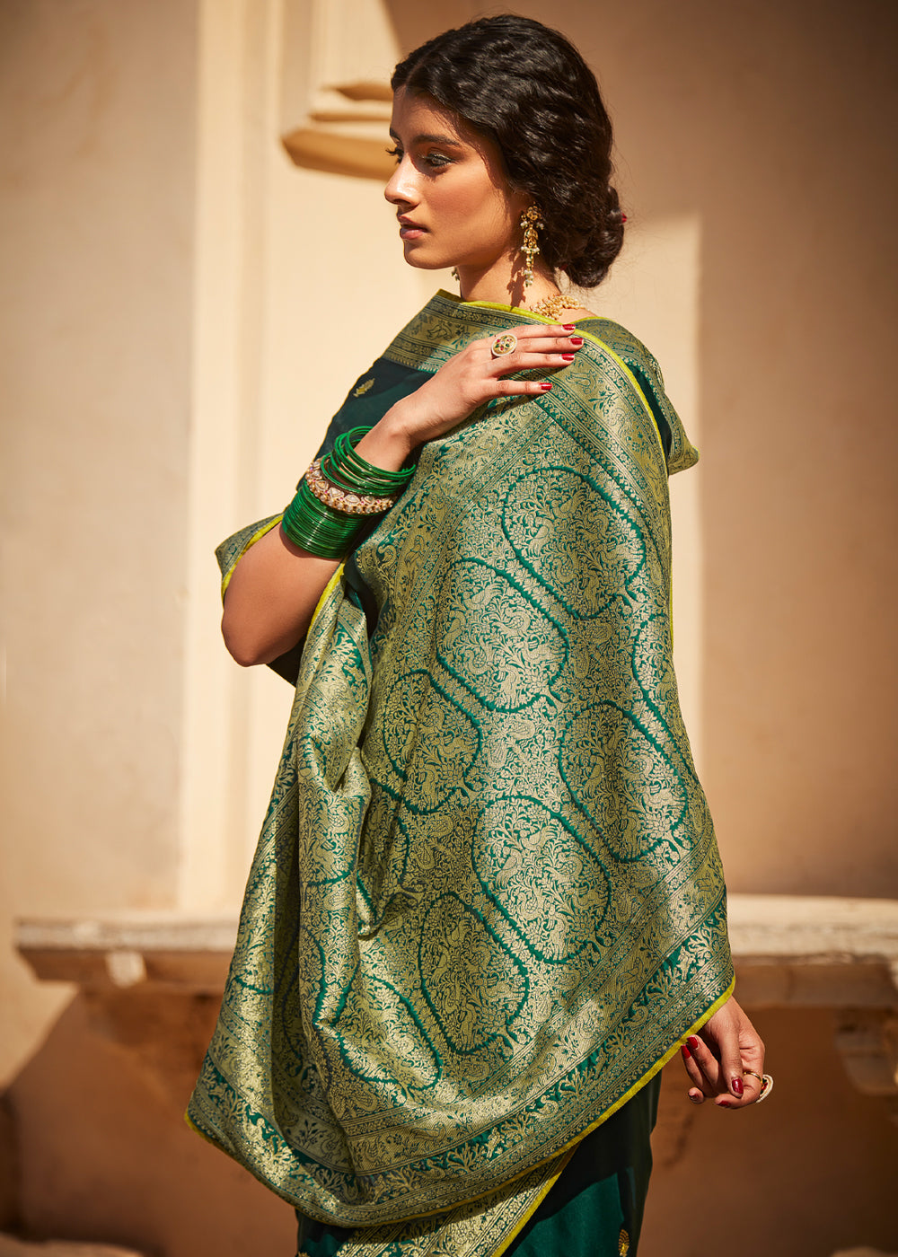 Gable Green Zari Woven Designer Banarasi Saree