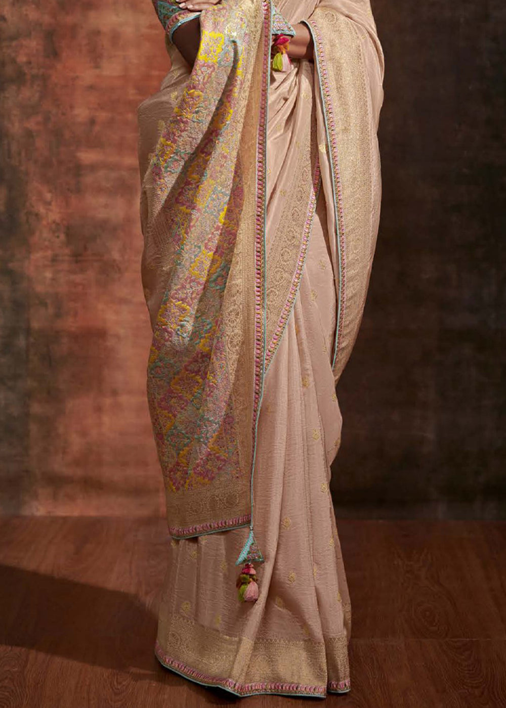 Cameo Peach Woven Banarasi Soft Silk Saree