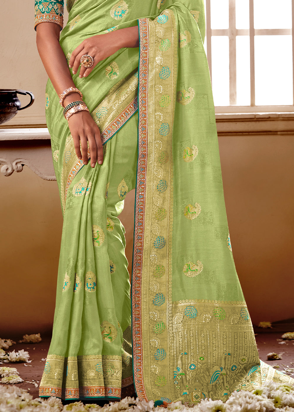 Green Smoke Banarasi Saree with Designer Blouse