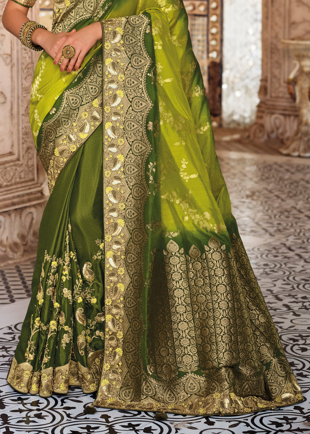 Fern Frond Green Zari Woven Designer Banarasi Saree