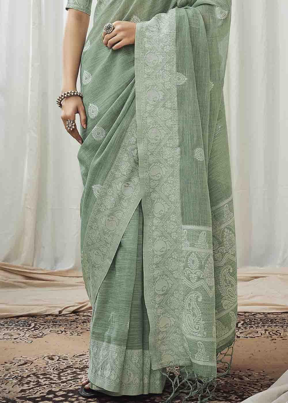 Spanish Green Chikankari Linen Saree