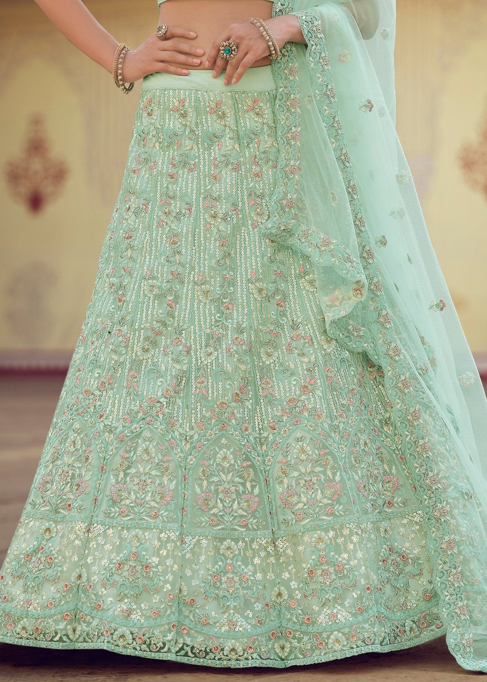 Norway Green Soft Net Designer Lehenga Choli