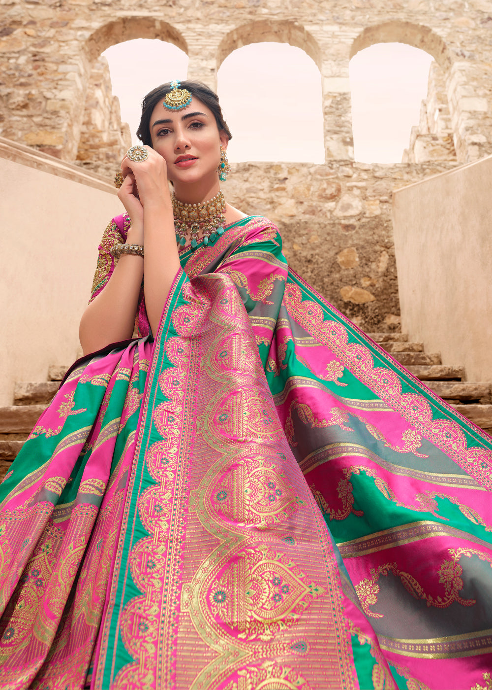 Mandy Pink and Green Woven Designer Banarasi Silk Saree