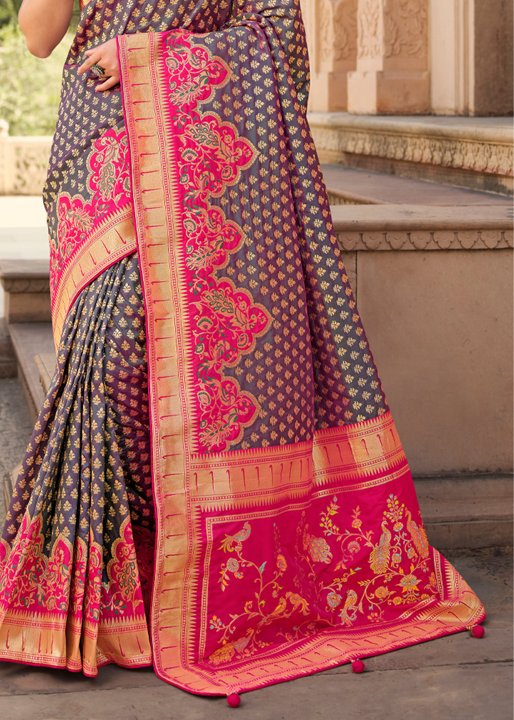 Spicy Purple and Pink Zari Woven Banarasi Saree with Designer Blouse