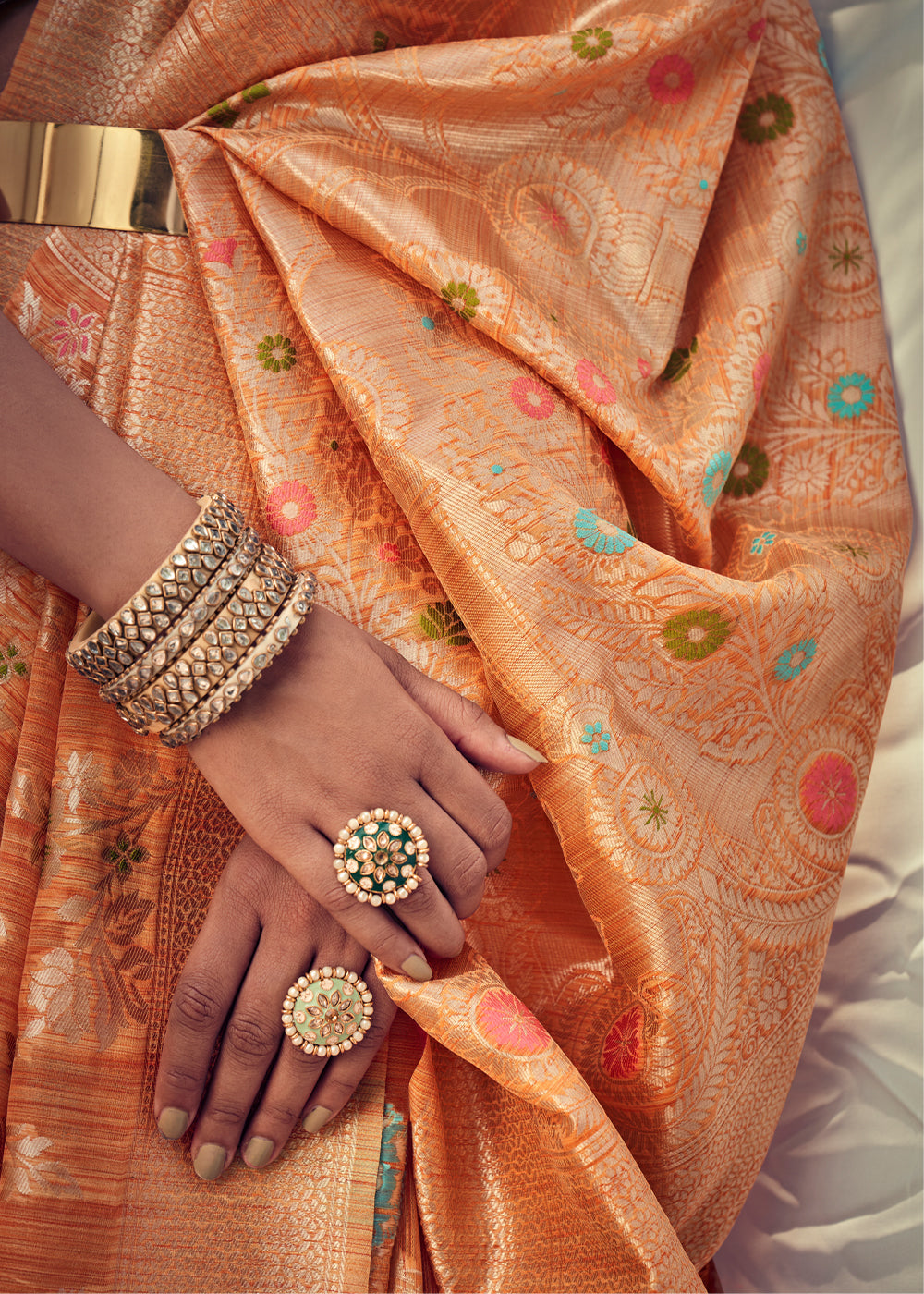 Porsche Orange Zari Woven Banarasi Linen Saree