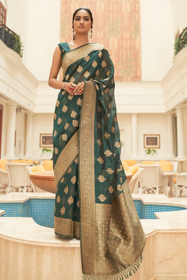 Mineral Green Zari Woven Organza Silk Saree