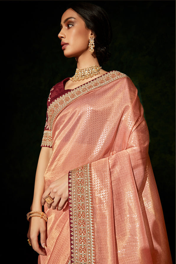 Burning Peach and Brown South Silk Saree