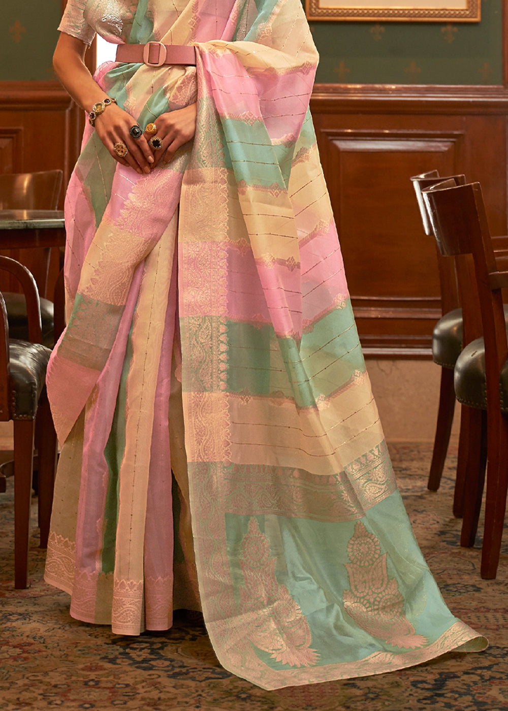 Sea Pink Blue and Yellow Zari Woven Banarasi Organza Saree