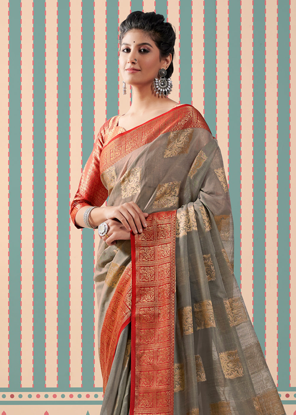 Stonewall Grey Zari Woven Banarasi Brocade Linen Saree