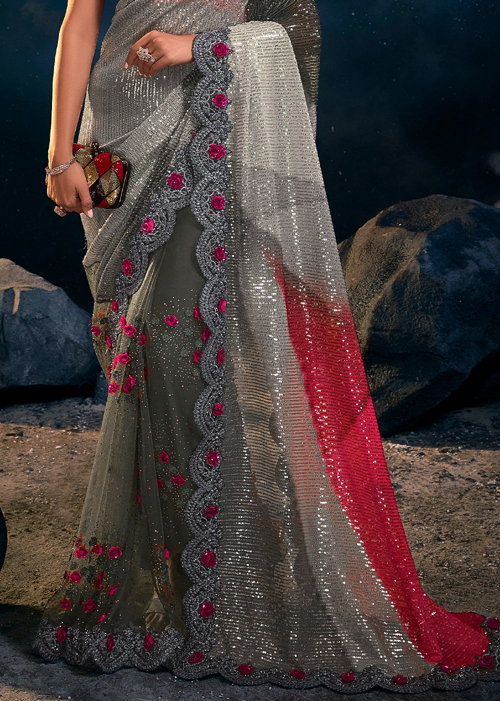 Makara Grey and Pink Designer Silk Saree