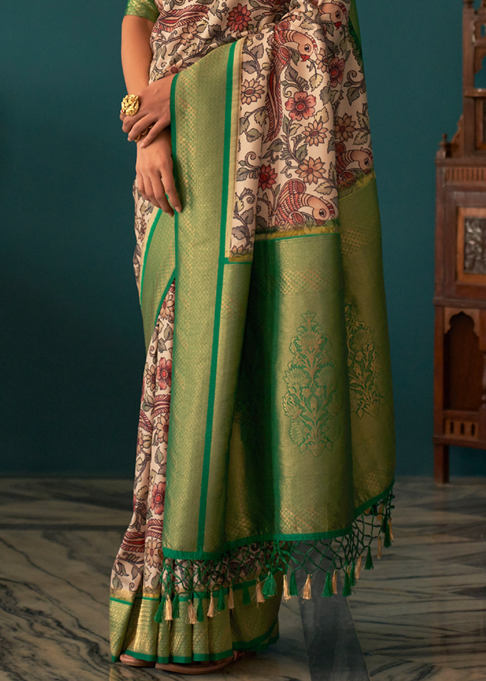 Hippie Green and White Woven Banarasi Tussar Silk Kalamkari Saree