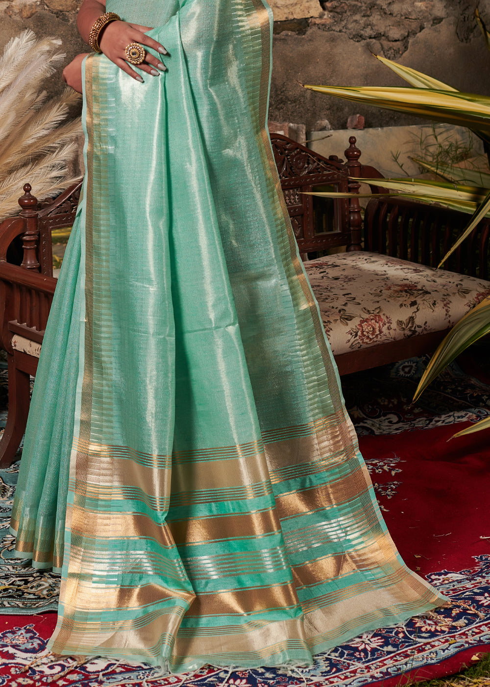 Acapulco Green Woven Tussar Silk Saree